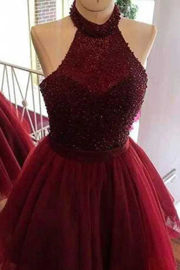 Burgundy Halter Sleeveless Beading Short Homecoming Dresses