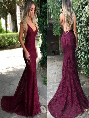 Burgundy Long Prom Evening Dresses, Mermaid Slit Halter Long Prom Dresses