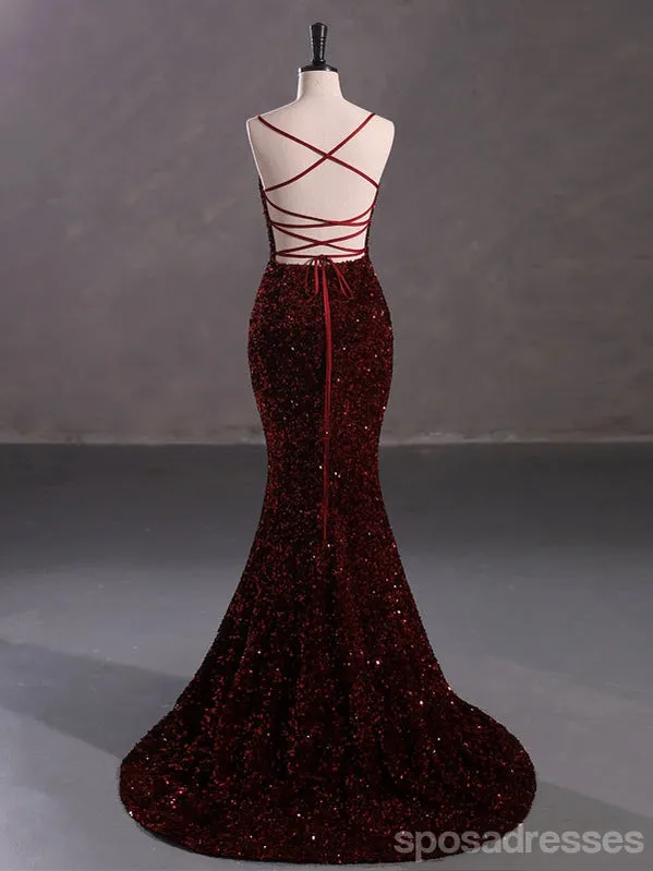 Burgundy Mermaid Spaghetti Straps Backless Cheap Prom Dresses,13057