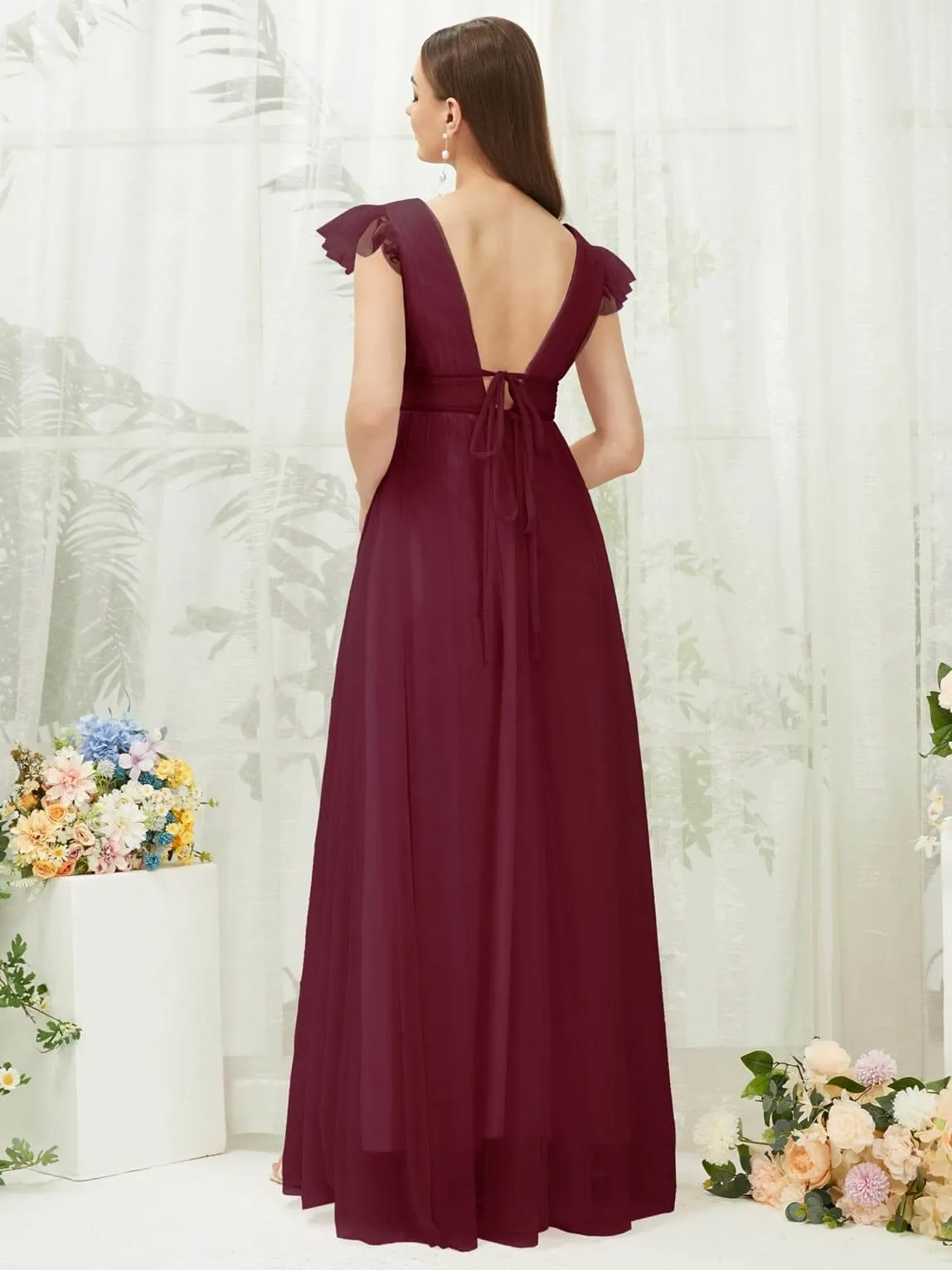 Burgundy Tulle Cap Sleeves Floor Length Flowy Bridesmaid Dresses