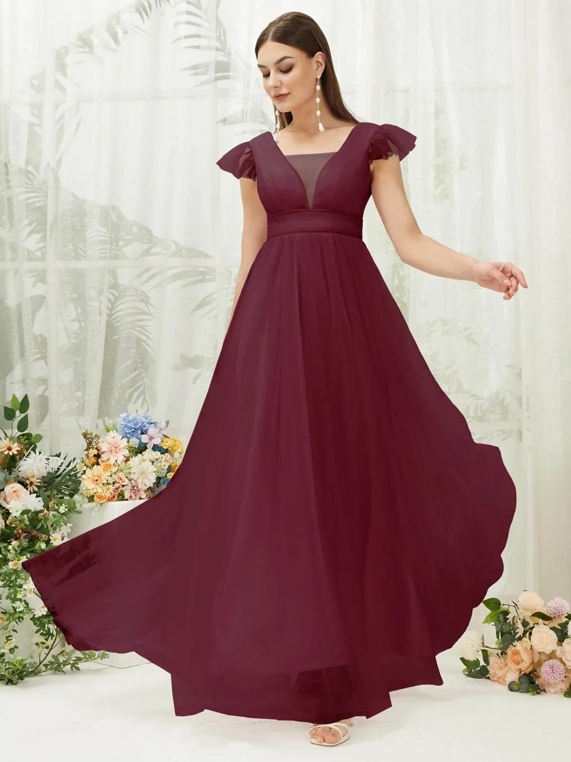 Burgundy Tulle Cap Sleeves Floor Length Flowy Bridesmaid Dresses