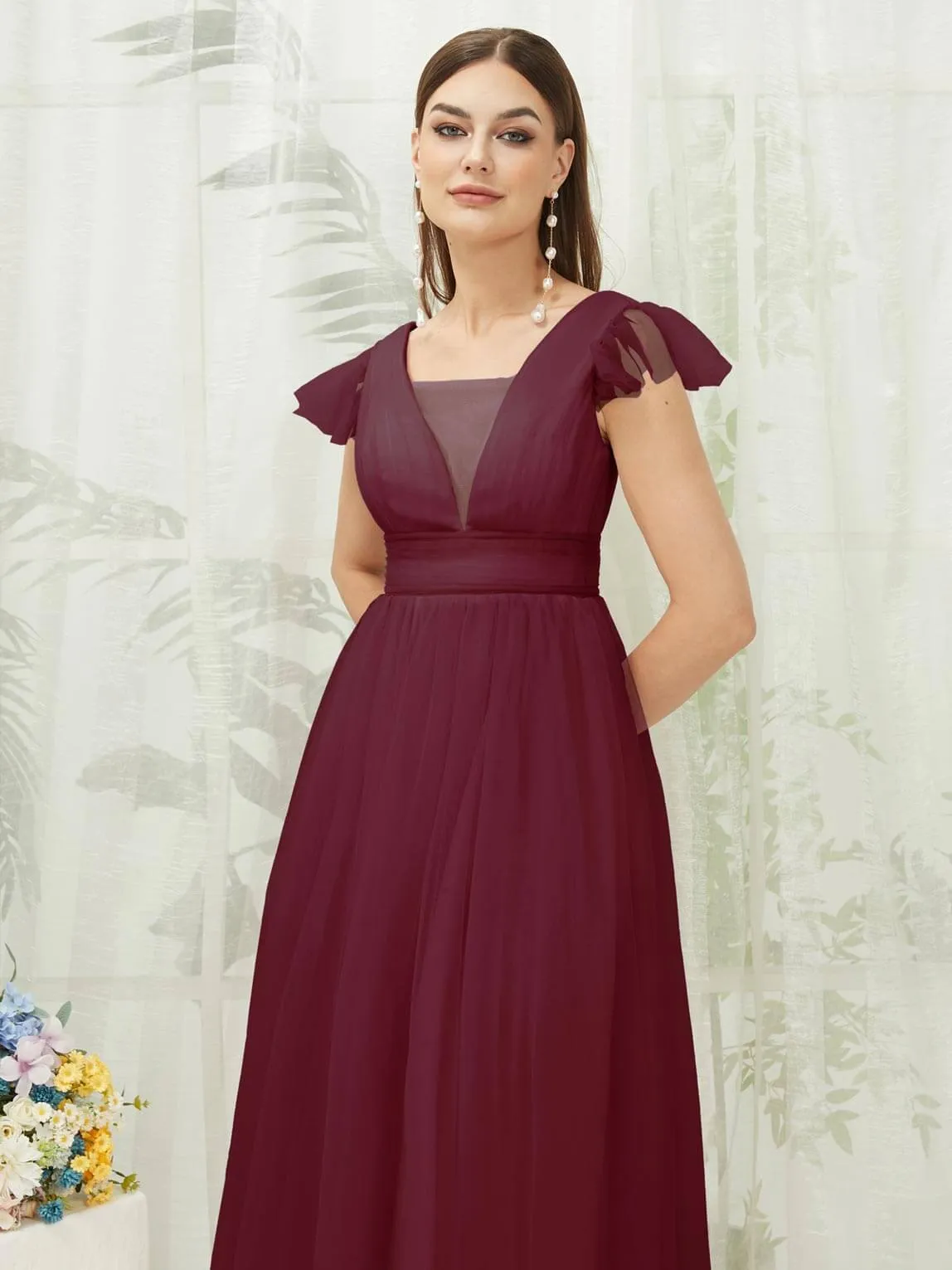 Burgundy Tulle Cap Sleeves Floor Length Flowy Bridesmaid Dresses