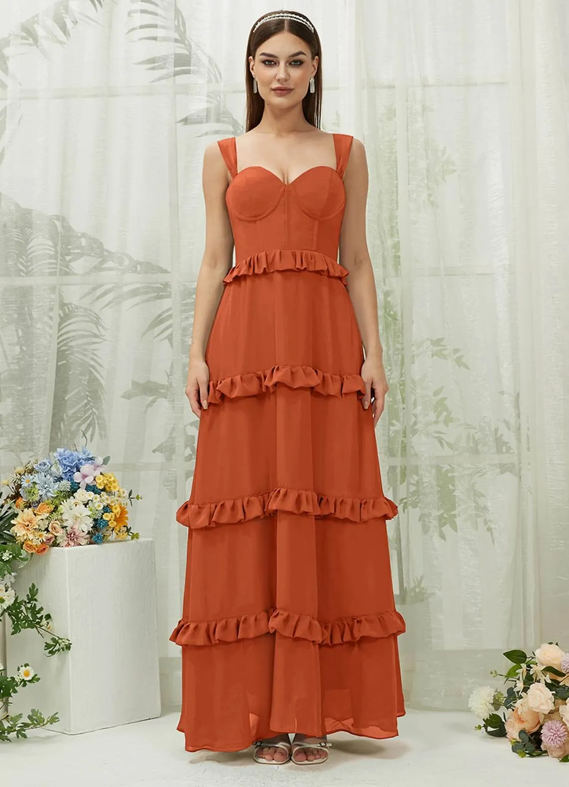 Burnt Orange Chiffon Sweetheart Straps Tiered Maxi Bridesmaid Dresses