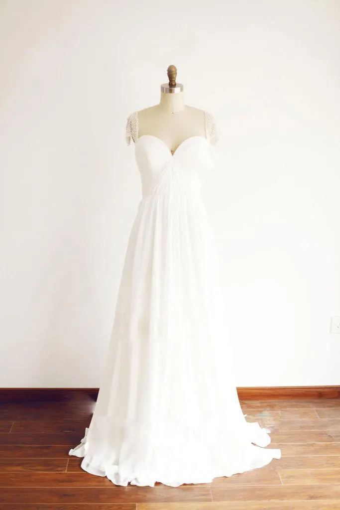 Cap Sleeve Floor Length Chiffon Beading Pleated Wedding Dresses