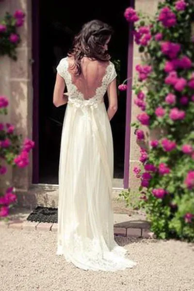 Cap Sleeves Beach Wedding Dresses Elegant Empire Pregnant V neck Open Back Lace Summer Wedding