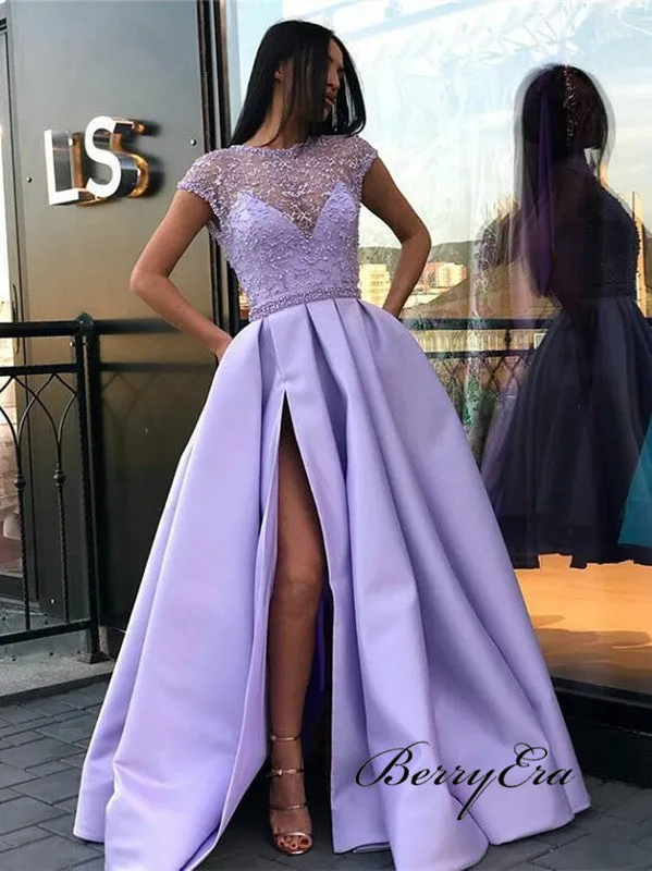 Cap Sleeves Stain Slit Prom Dresses, Beaded Fancy Prom Dresses