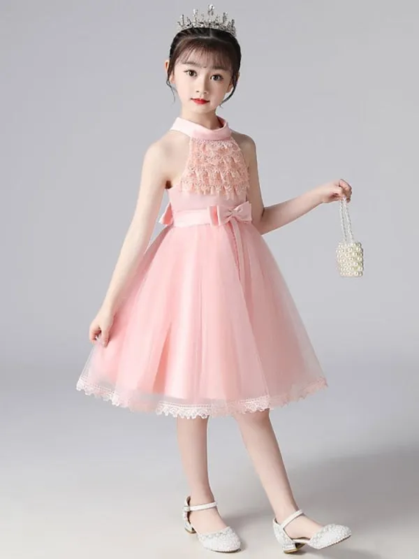 Champagne Halter Flower Girl Dresses Sleeveless Cotton Tulle Embroidered Formal Kids Pageant Dresses