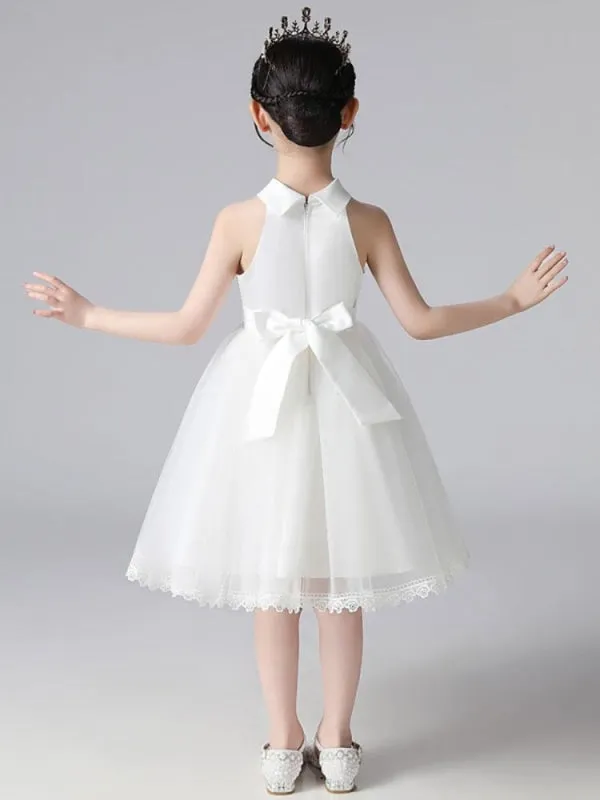 Champagne Halter Flower Girl Dresses Sleeveless Cotton Tulle Embroidered Formal Kids Pageant Dresses