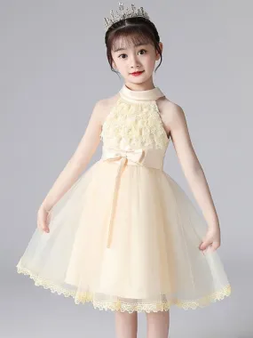 Champagne Halter Flower Girl Dresses Sleeveless Cotton Tulle Embroidered Formal Kids Pageant Dresses