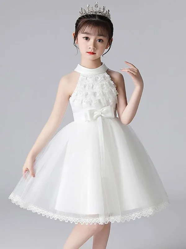 Champagne Halter Flower Girl Dresses Sleeveless Cotton Tulle Embroidered Formal Kids Pageant Dresses