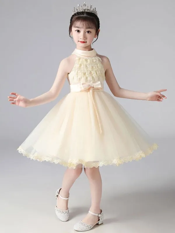 Champagne Halter Flower Girl Dresses Sleeveless Cotton Tulle Embroidered Formal Kids Pageant Dresses