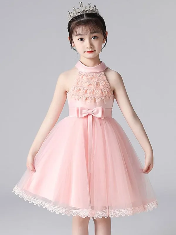 Champagne Halter Flower Girl Dresses Sleeveless Cotton Tulle Embroidered Formal Kids Pageant Dresses