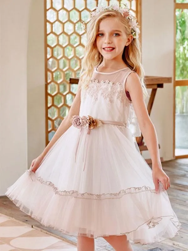 Champagne Jewel Neck Sleeveless Flower Girl Dresses Lace Tulle Flowers Kids Party Dresses