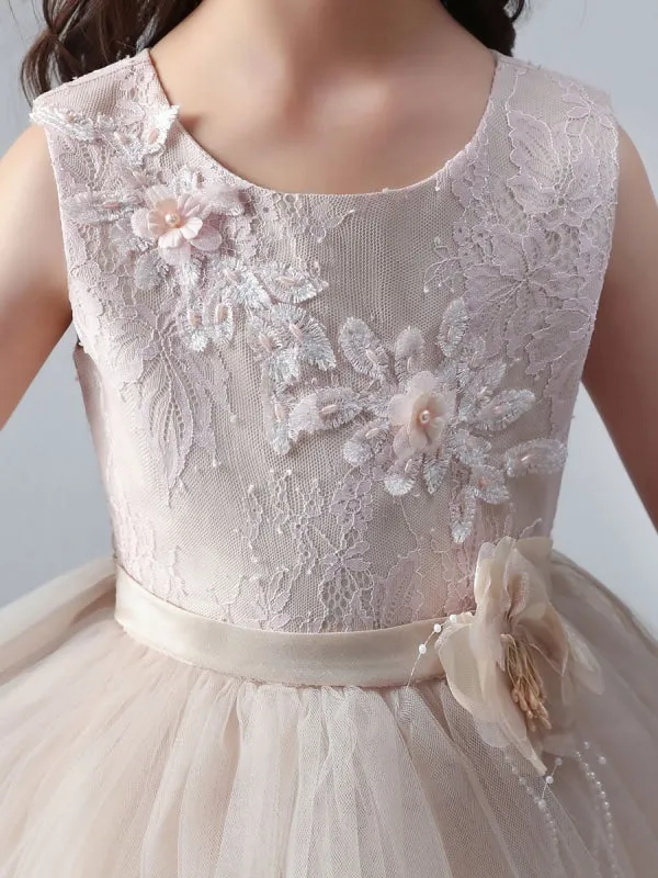 Champagne Princess Flower Girl Dresses Jewel Neck Tulle Sleeveless Ankle-Length Formal Kids Pageant Dresses