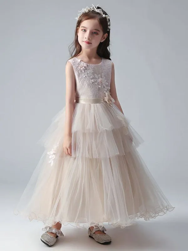 Champagne Princess Flower Girl Dresses Jewel Neck Tulle Sleeveless Ankle-Length Formal Kids Pageant Dresses