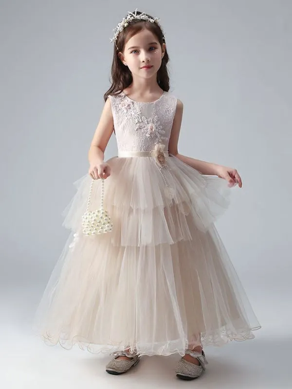 Champagne Princess Flower Girl Dresses Jewel Neck Tulle Sleeveless Ankle-Length Formal Kids Pageant Dresses