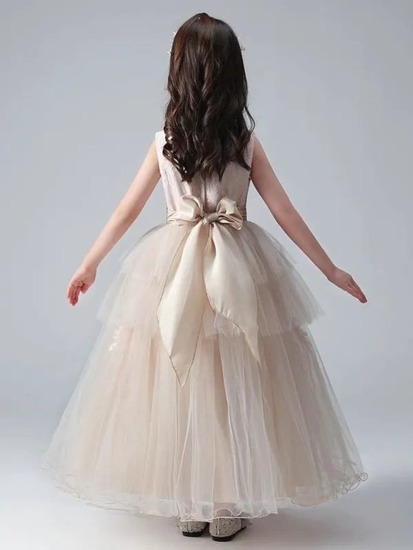 Champagne Princess Flower Girl Dresses Jewel Neck Tulle Sleeveless Ankle-Length Formal Kids Pageant Dresses