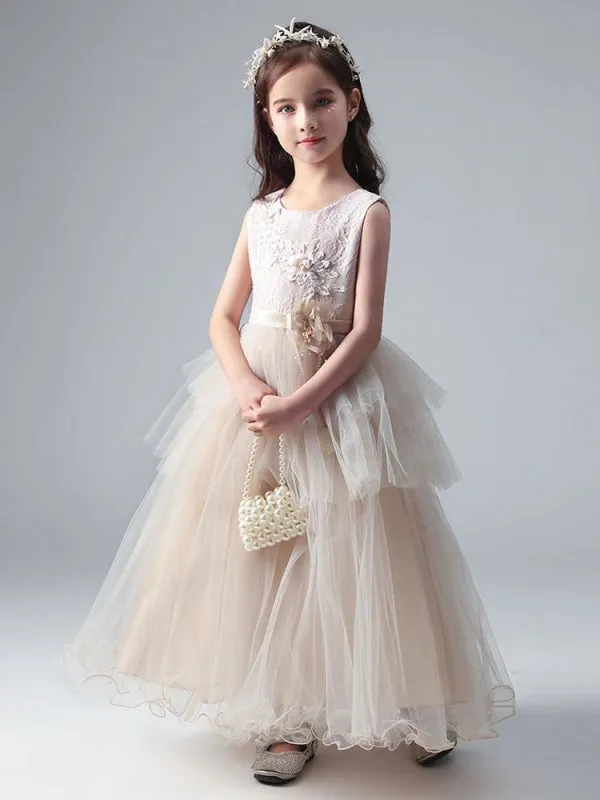 Champagne Princess Flower Girl Dresses Jewel Neck Tulle Sleeveless Ankle-Length Formal Kids Pageant Dresses