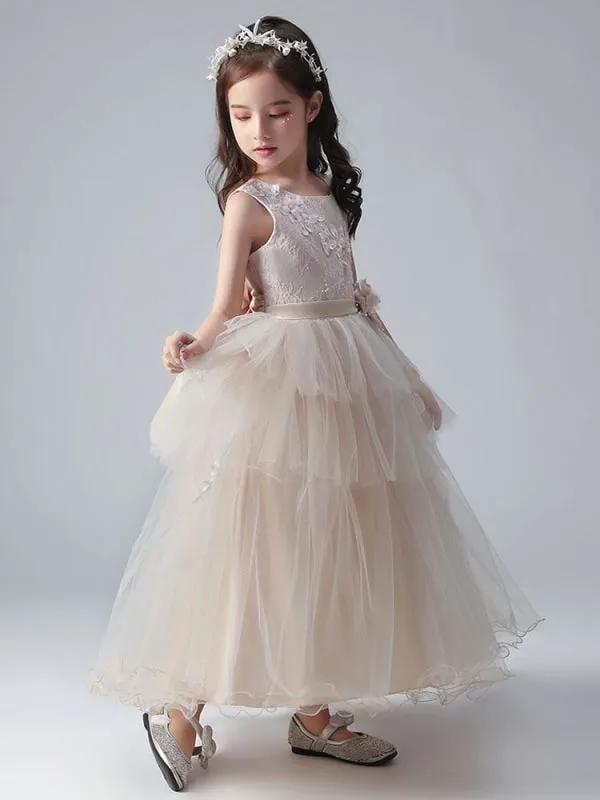 Champagne Princess Flower Girl Dresses Jewel Neck Tulle Sleeveless Ankle-Length Formal Kids Pageant Dresses