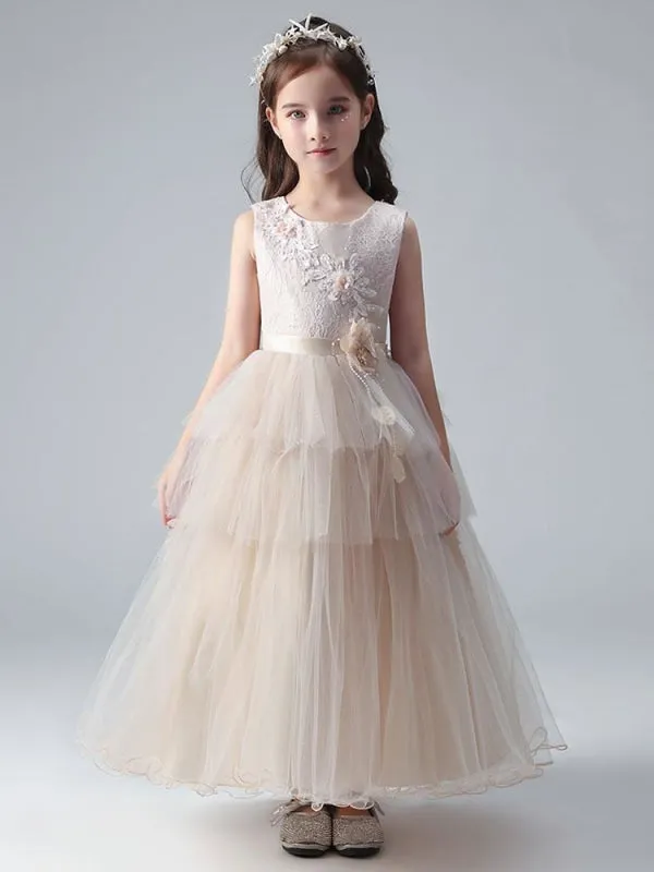 Champagne Princess Flower Girl Dresses Jewel Neck Tulle Sleeveless Ankle-Length Formal Kids Pageant Dresses