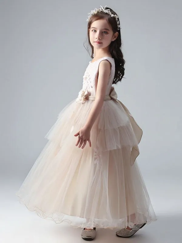 Champagne Princess Flower Girl Dresses Jewel Neck Tulle Sleeveless Ankle-Length Formal Kids Pageant Dresses