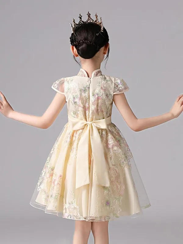 Champagne Short Sleeves Flower Girl Dresses Bows Knee-Length Kids Party Dresses