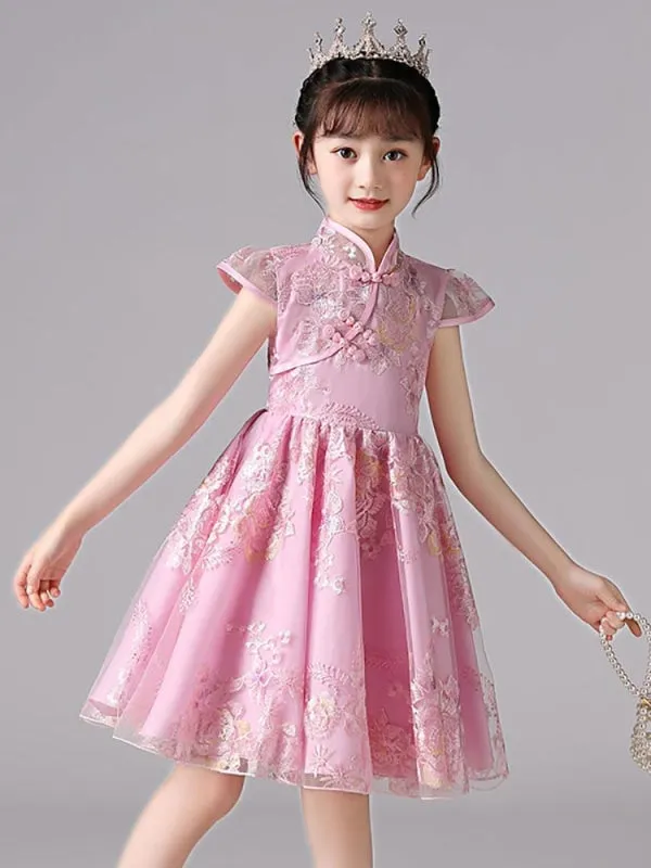 Champagne Short Sleeves Flower Girl Dresses Bows Knee-Length Kids Party Dresses