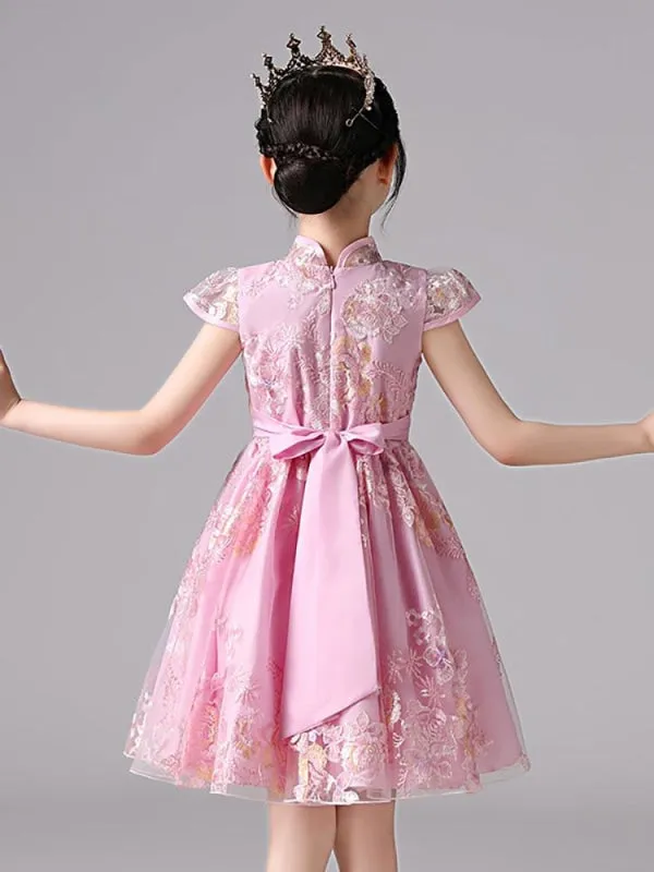 Champagne Short Sleeves Flower Girl Dresses Bows Knee-Length Kids Party Dresses