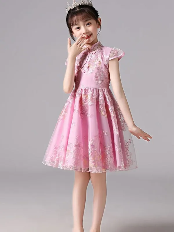 Champagne Short Sleeves Flower Girl Dresses Bows Knee-Length Kids Party Dresses