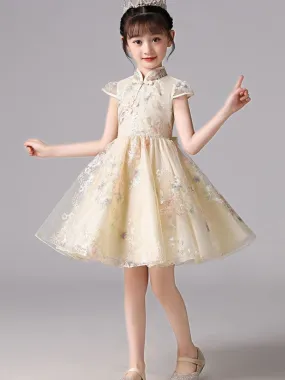 Champagne Short Sleeves Flower Girl Dresses Bows Knee-Length Kids Party Dresses