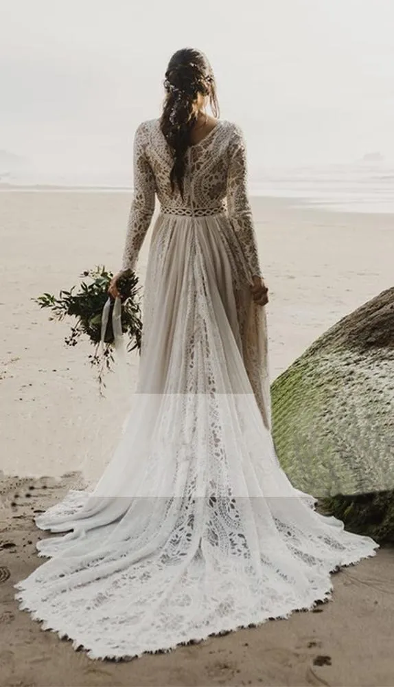 Charming A Line Long Sleeves V Neck Lace Ivory Beach Wedding Dresses, Bridal STK15623