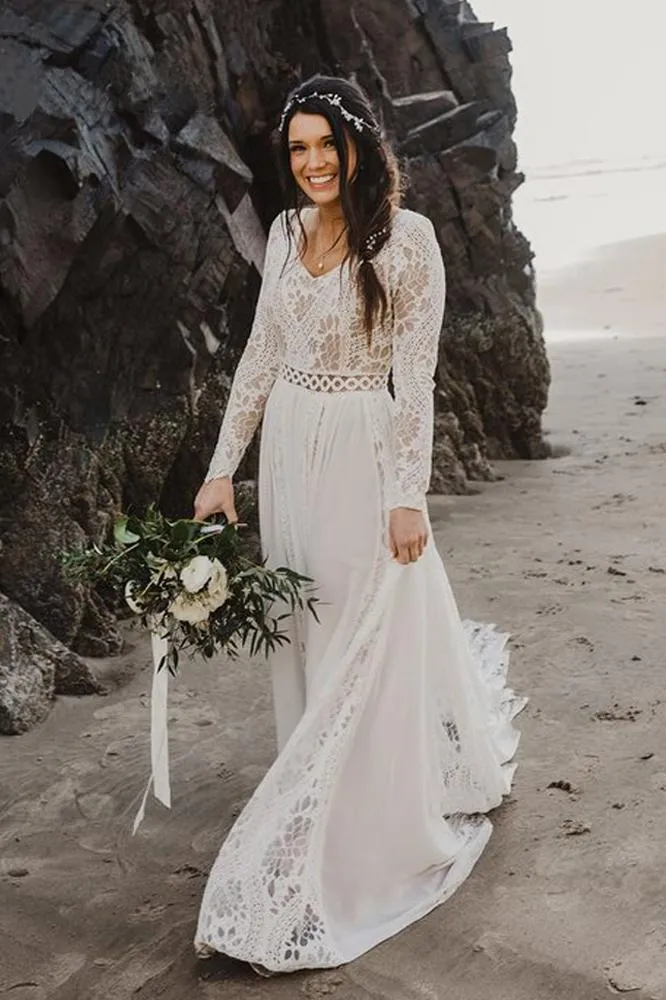 Charming A Line Long Sleeves V Neck Lace Ivory Beach Wedding Dresses, Bridal STK20395