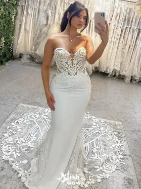 Charming Mermaid Sleeveless With Trailing Lace Popular Bridal Long Wedding Dresses, WDH134