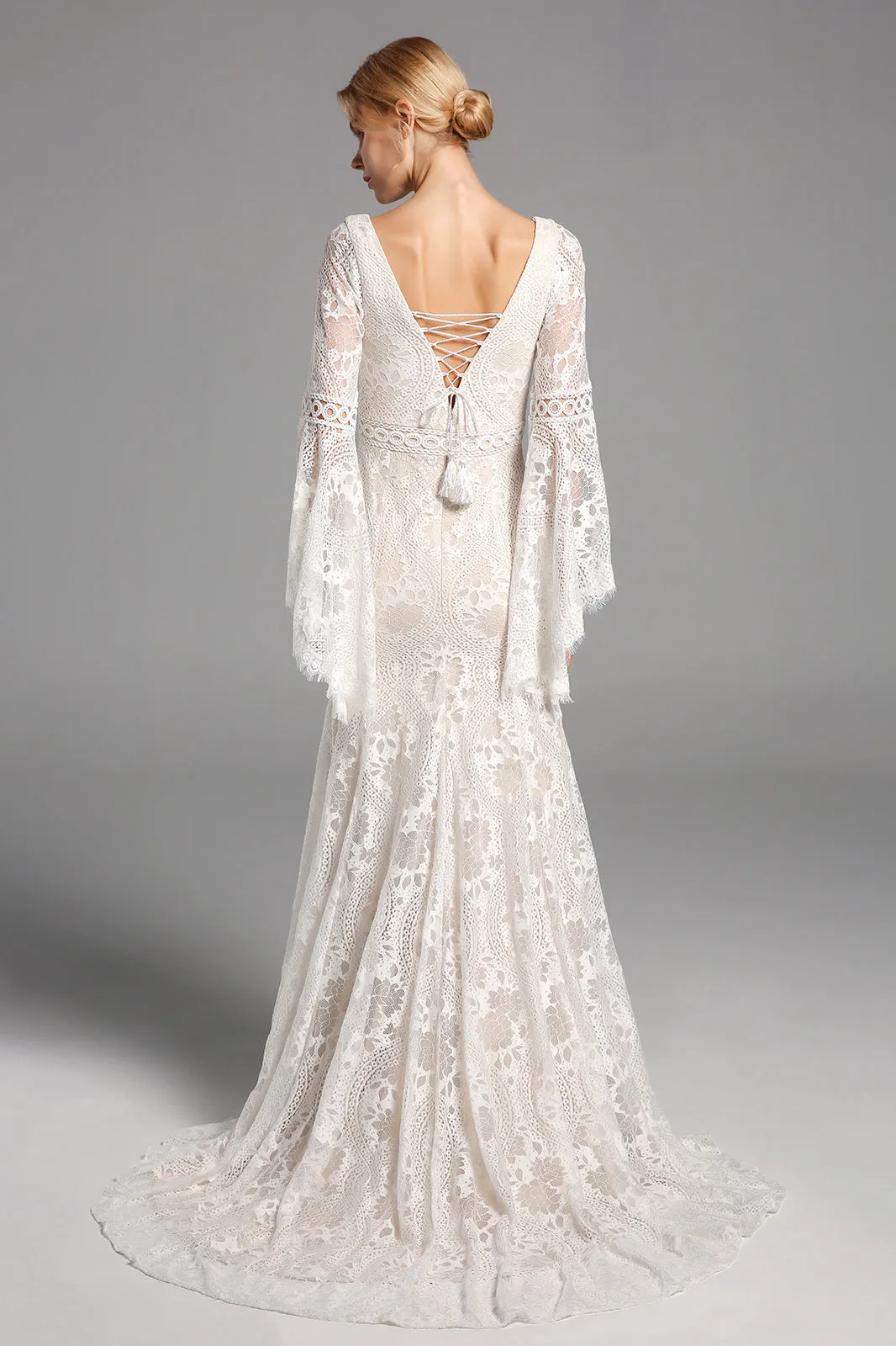 Chic Elegant Boho Lace Long Beach Wedding Dresses With Sleeves