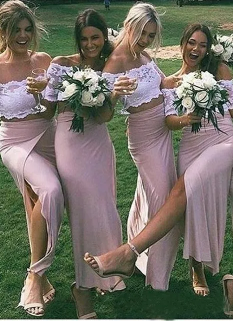 Chic Pink Short Sleeve Lace Side Slit Off the Shoulder Two Piece Bridesmaid Dresses