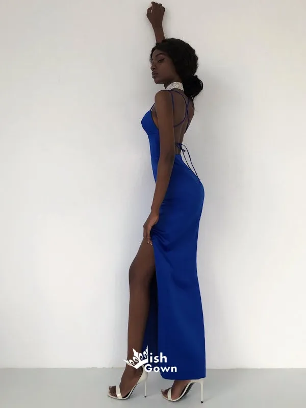 Chic Royal Blue Spaghetti Straps Mermaid Slits Prom Dress Long Evening Gown, WGP170