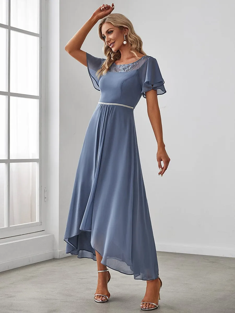 Chiffon Ruffle Sleeves Asymmetrical Hem Mother of the Bride Dress