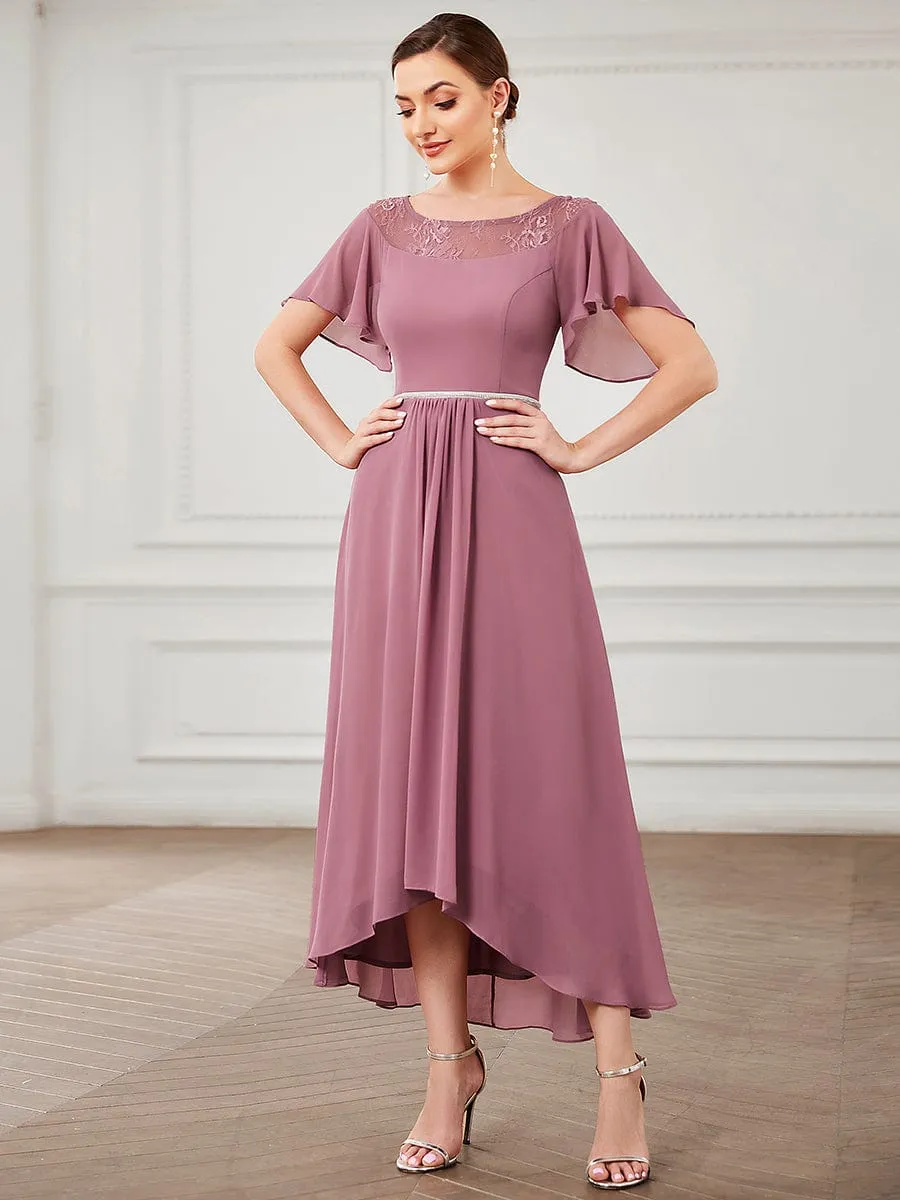 Chiffon Ruffle Sleeves Asymmetrical Hem Mother of the Bride Dress