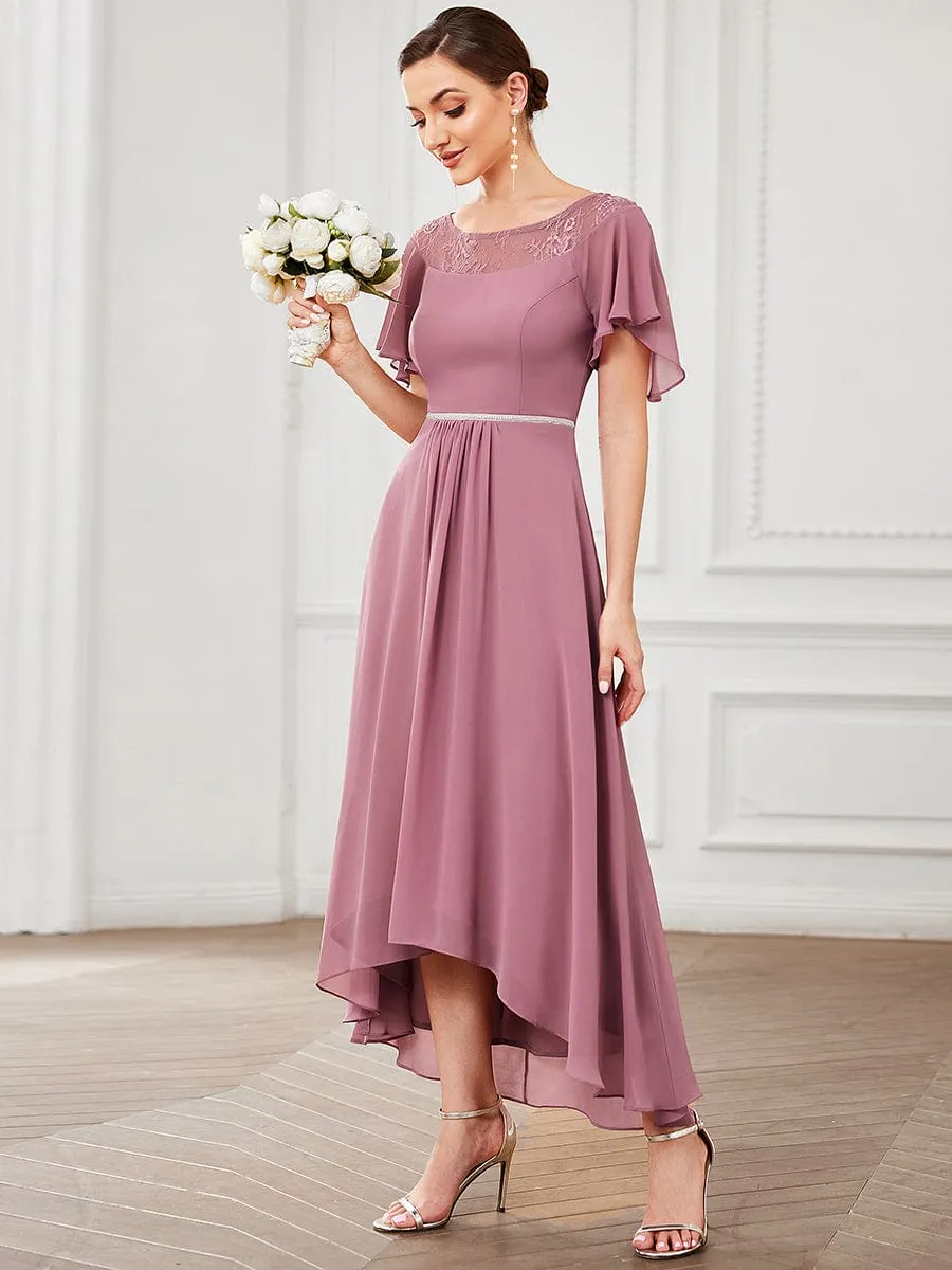 Chiffon Ruffle Sleeves Asymmetrical Hem Mother of the Bride Dress