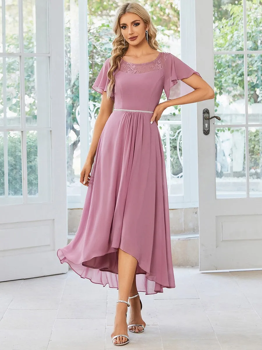 Chiffon Ruffle Sleeves Asymmetrical Hem Mother of the Bride Dress