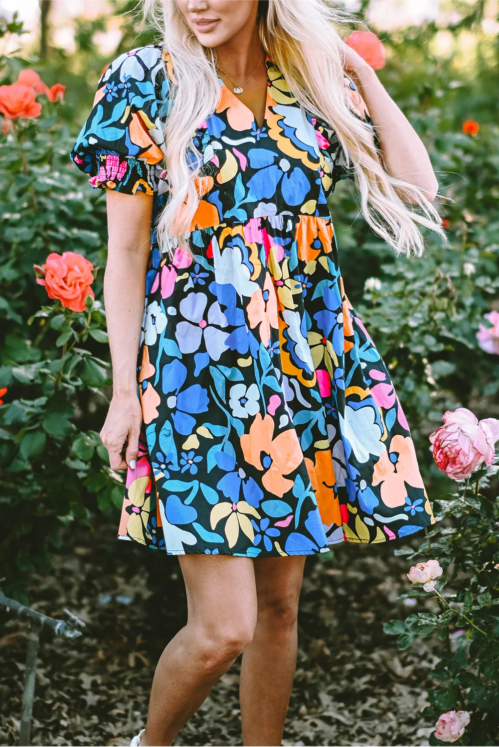 Collared Split Neck Floral Flared Dresses