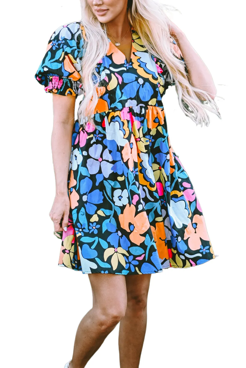 Collared Split Neck Floral Flared Dresses