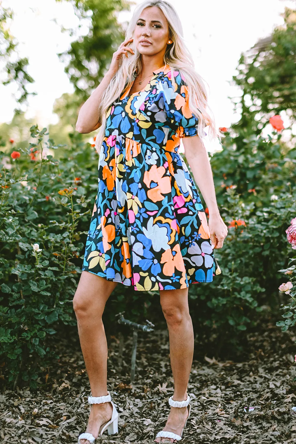 Collared Split Neck Floral Flared Dresses