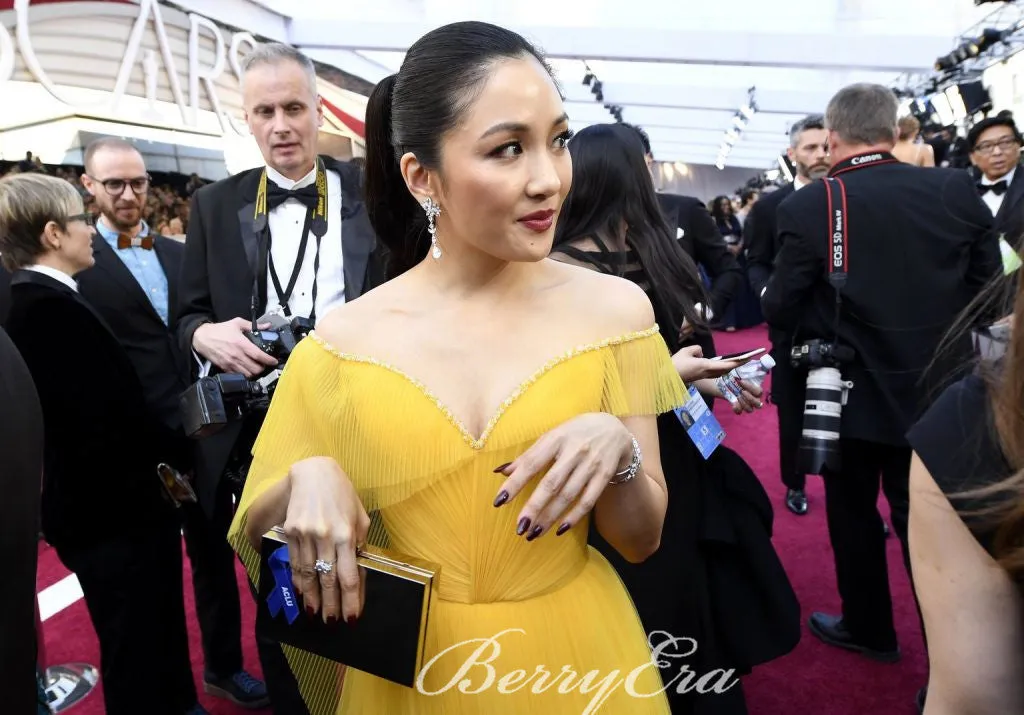 Constance Wu Off Shoulder Yellow Tulle Prom Dresses, Long Prom Dresses, Celebrity Dresses