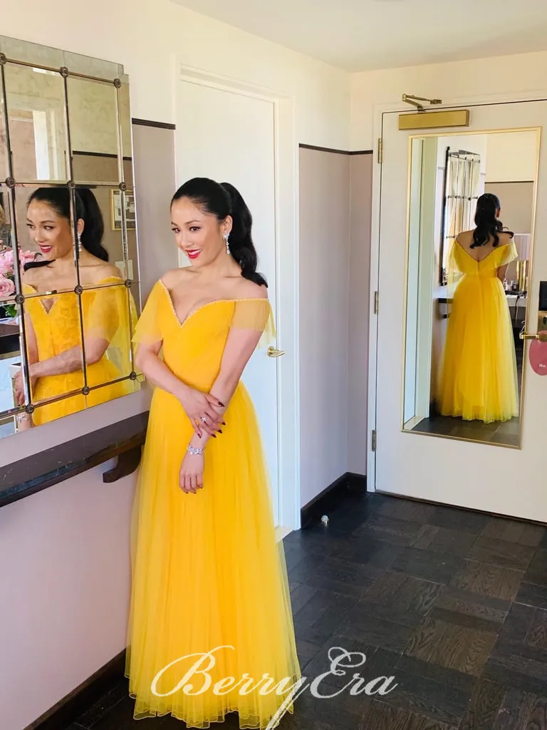 Constance Wu Off Shoulder Yellow Tulle Prom Dresses, Long Prom Dresses, Celebrity Dresses