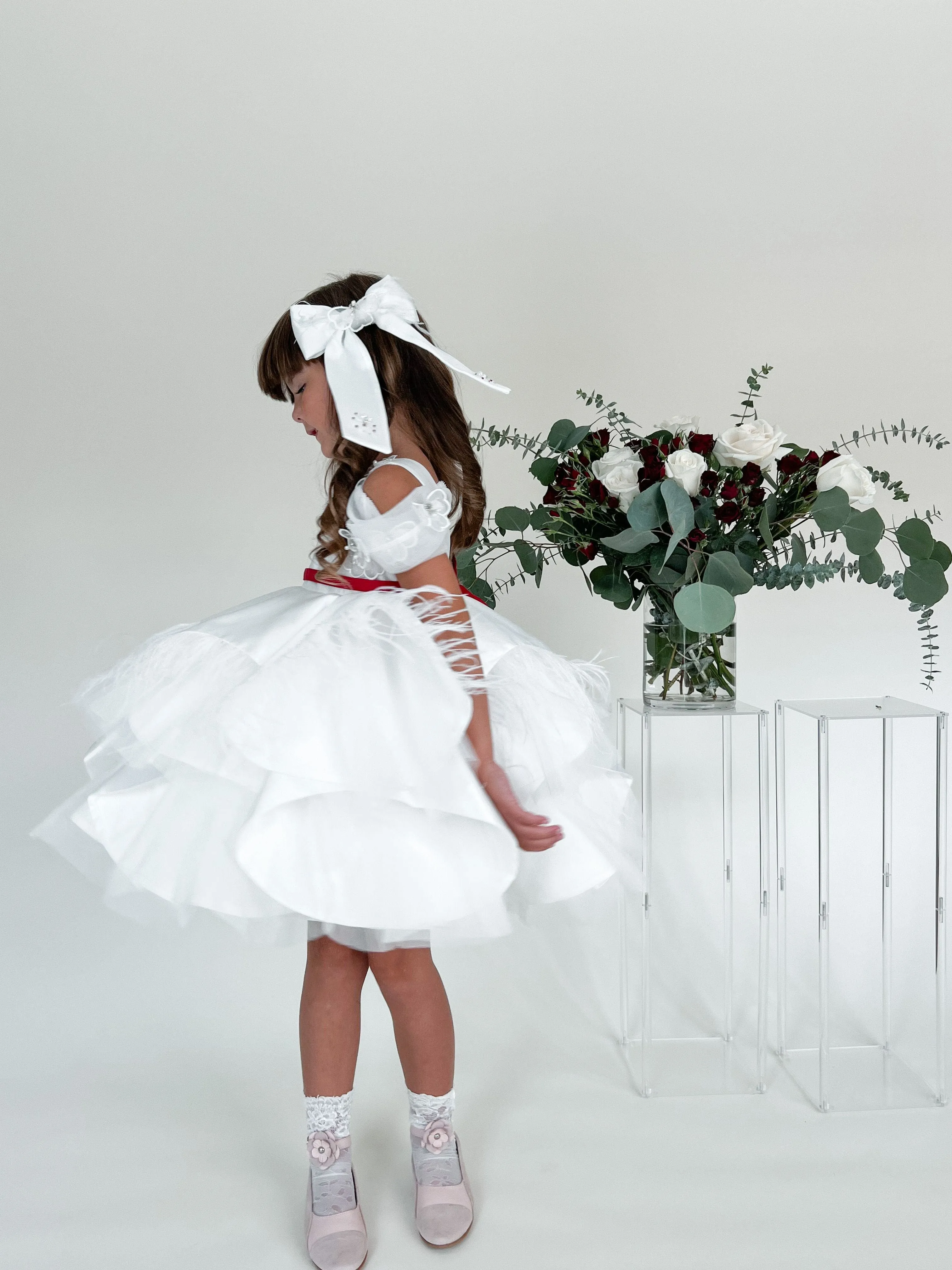 Constanza White Ceremony  Dress with Red Bow