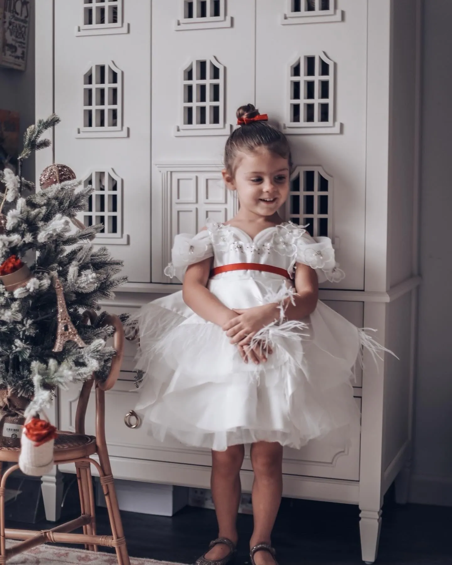 Constanza White Ceremony  Dress with Red Bow