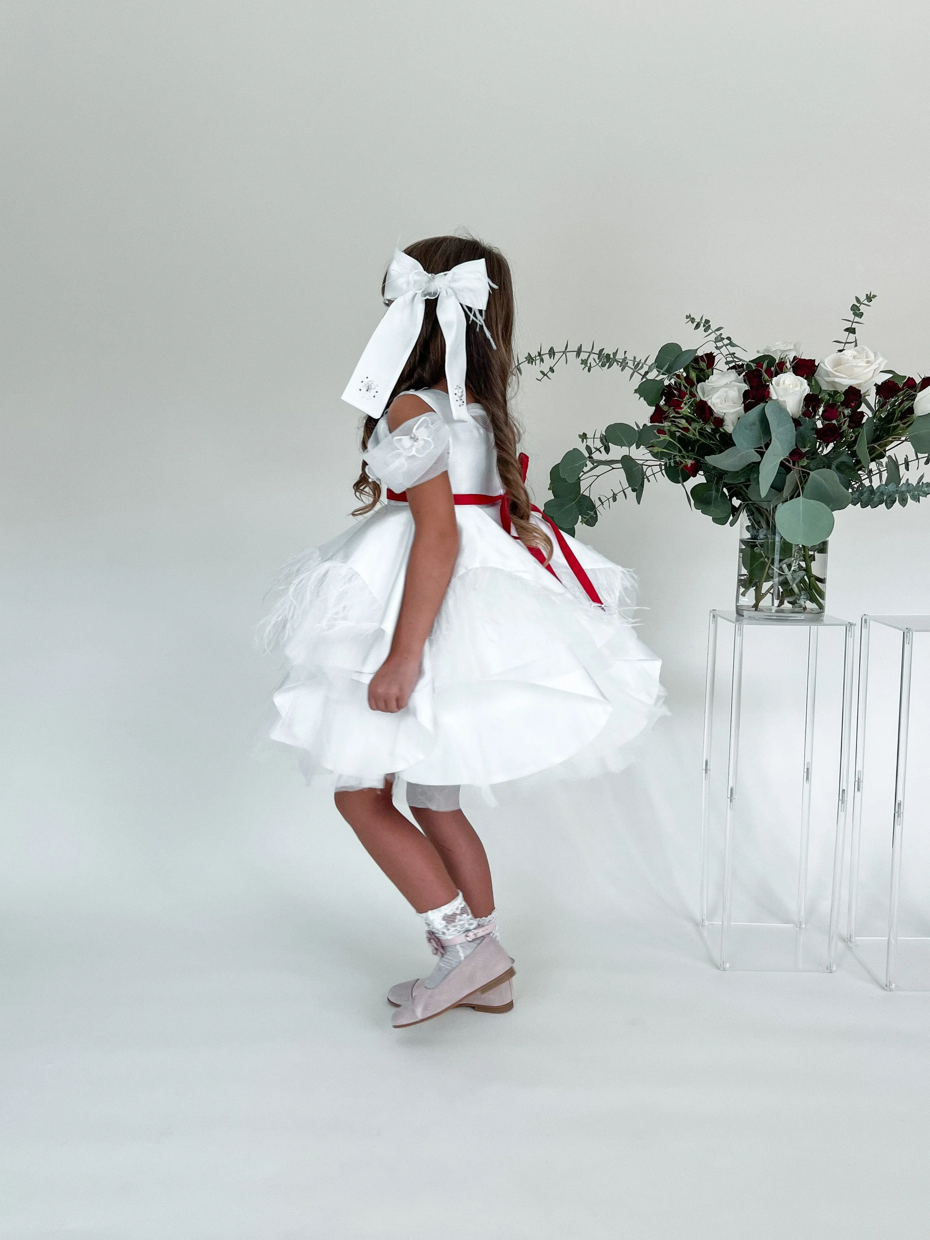 Constanza White Ceremony  Dress with Red Bow