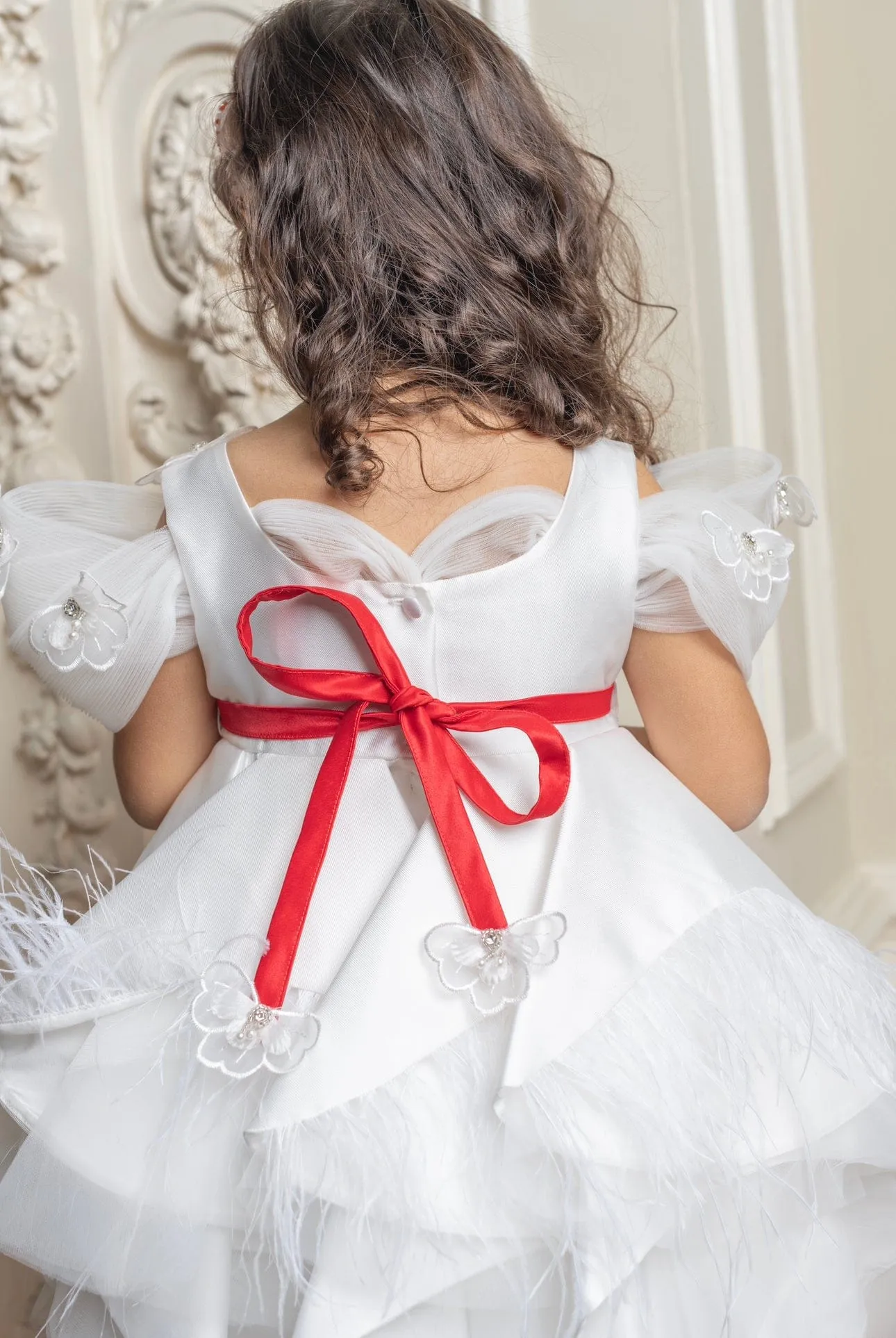 Constanza White Ceremony  Dress with Red Bow