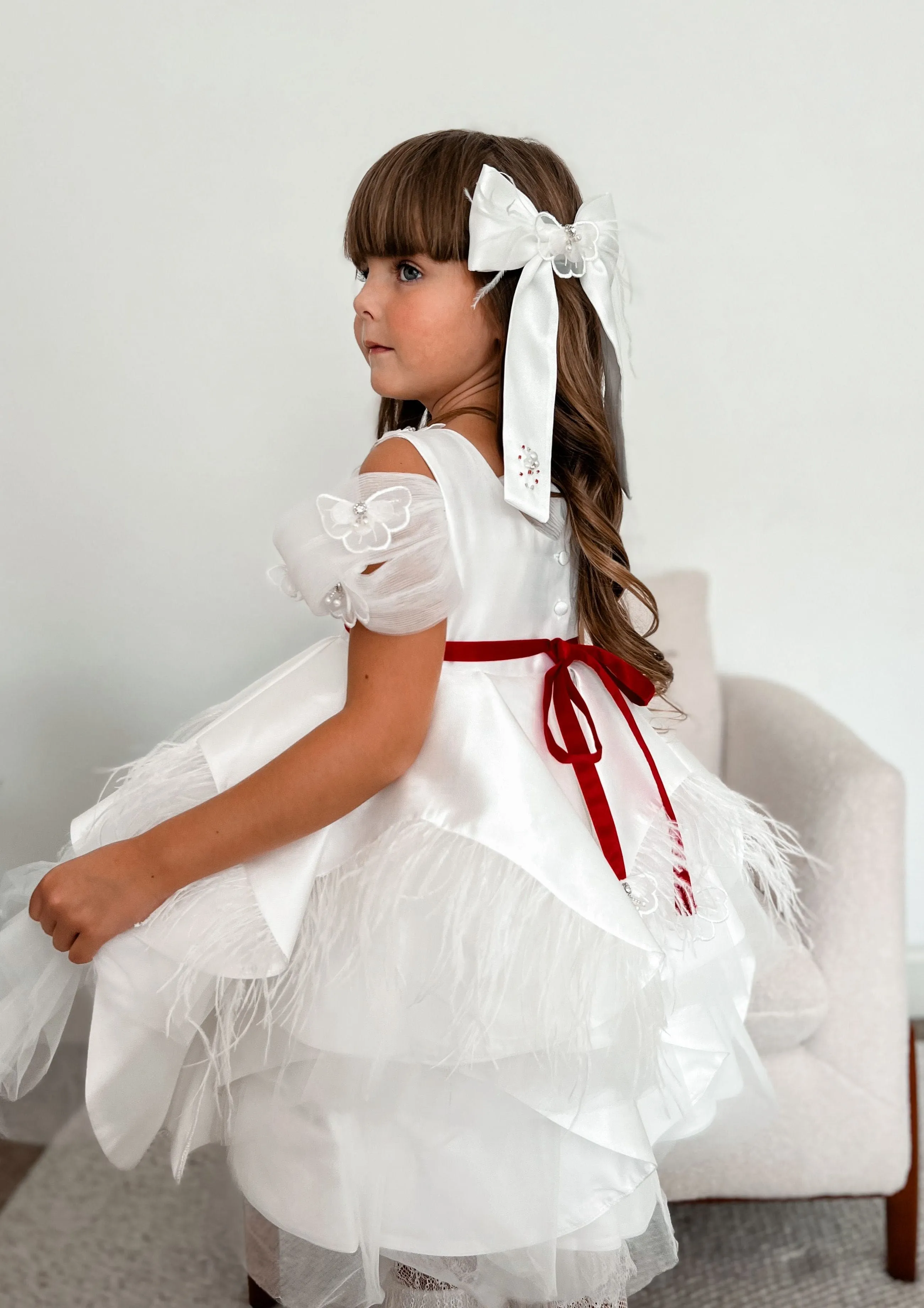 Constanza White Ceremony  Dress with Red Bow